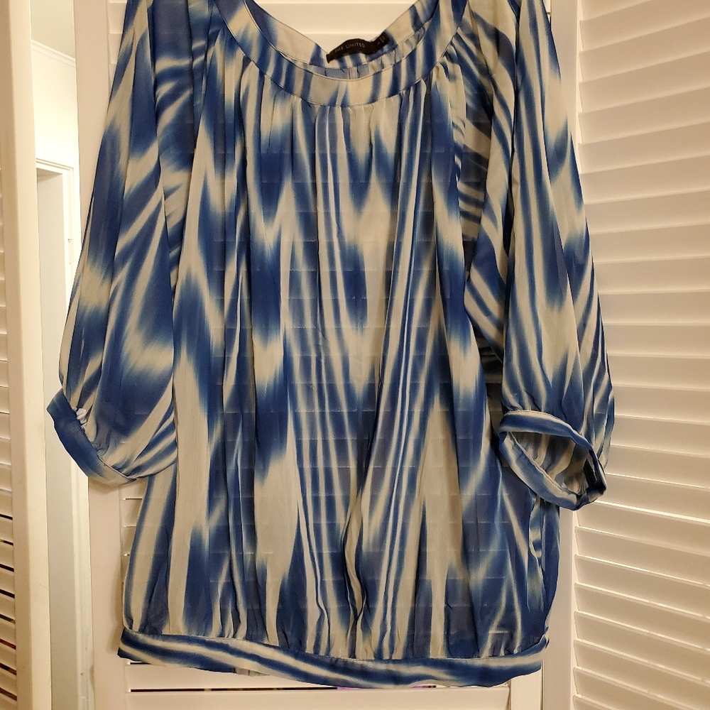 Sheer blue and white pull over top